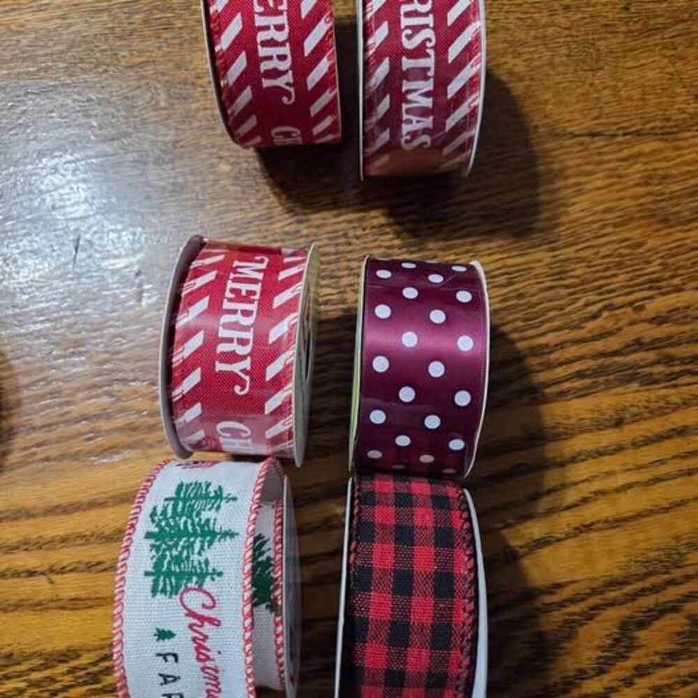 6 1.5 inch ribbon Christmas prints all wired except wine with white polka dots
